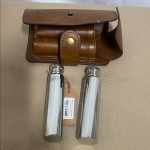 Stainless Steel Flask Set with Brown Leather Case